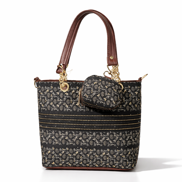 Elegant Black Printed Tote Bag with Tan Trim
